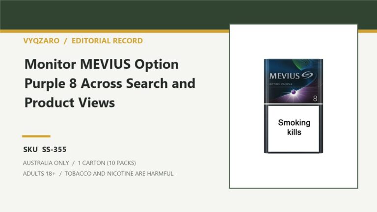 Vyqzaro editorial record for MEVIUS Option Purple 8 - 1 Carton (10 Packs) and SKU SS-355